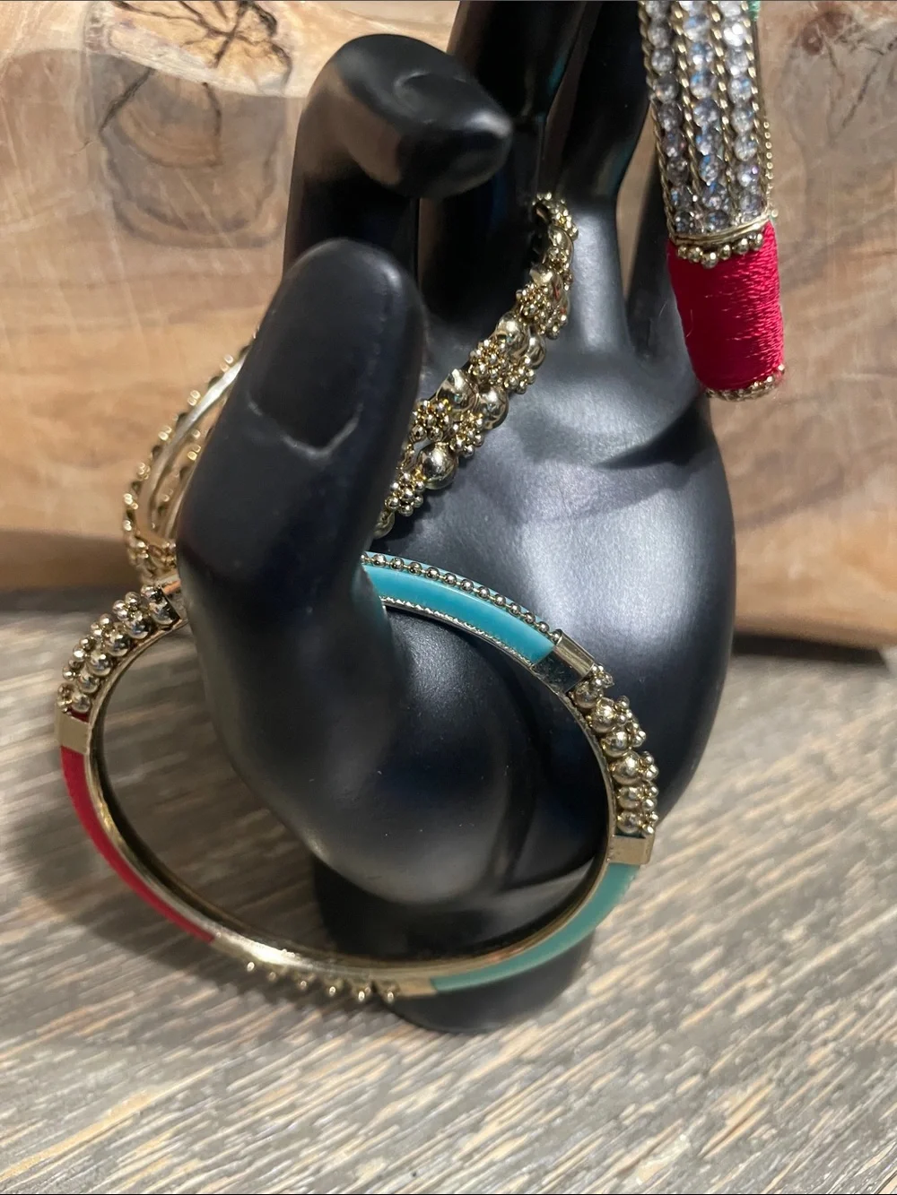 Gold Tone Multi-Color Bangle Set with Turquoise and Red Accents